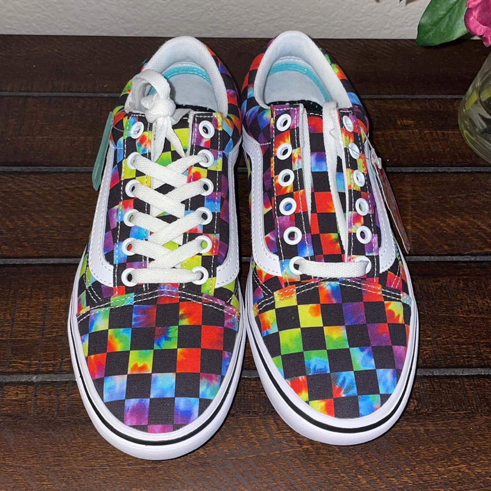 Black rainbow tye dye checker vans